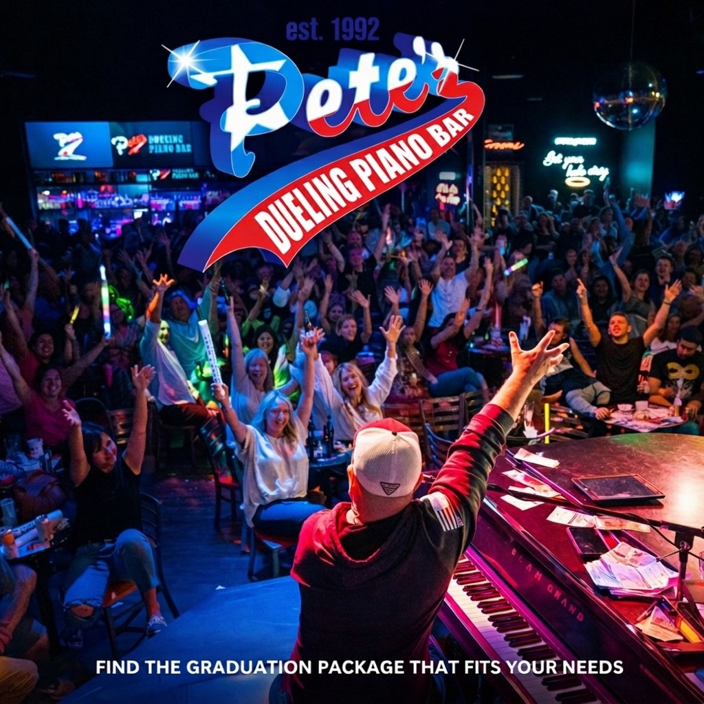 Image of musician entertaining the crowd at Pete's Dueling Piano Bar to promote college graduation parties. Locations in Austin, Fort Worth, Frisco (Dallas), Houston, Rosemont (Chicago), and Nashville